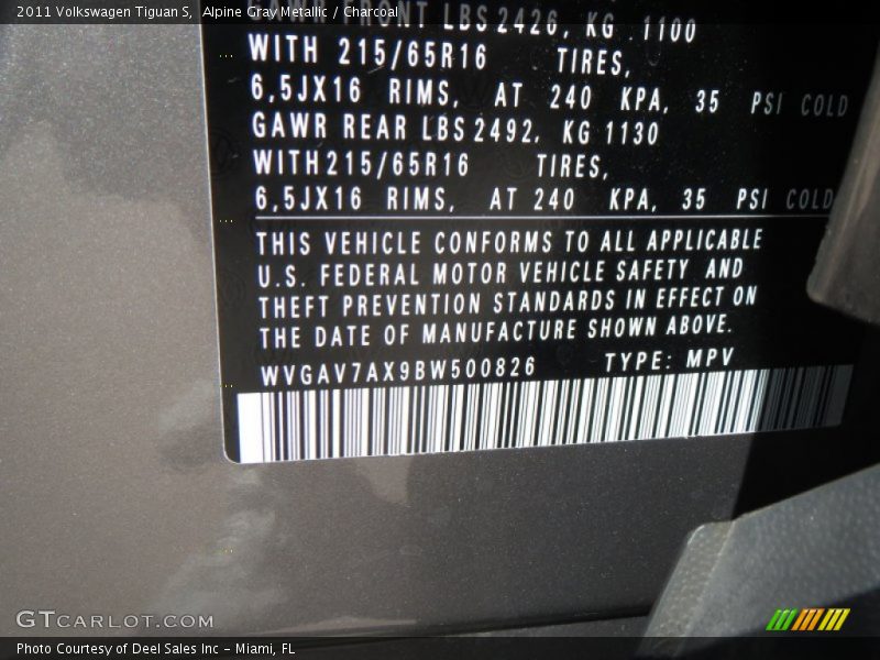 Alpine Gray Metallic / Charcoal 2011 Volkswagen Tiguan S