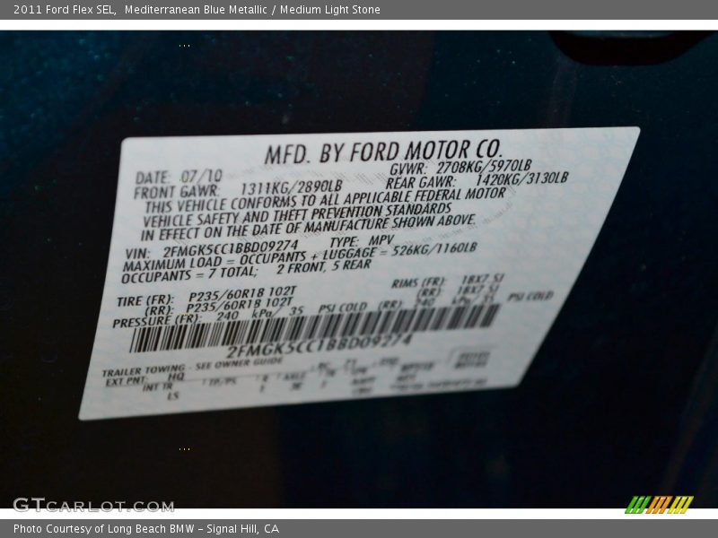 Mediterranean Blue Metallic / Medium Light Stone 2011 Ford Flex SEL
