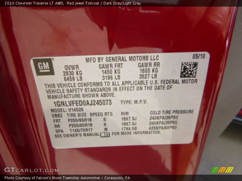 Red Jewel Tintcoat / Dark Gray/Light Gray 2010 Chevrolet Traverse LT AWD