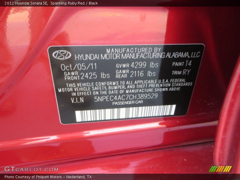 Sparkling Ruby Red / Black 2012 Hyundai Sonata SE