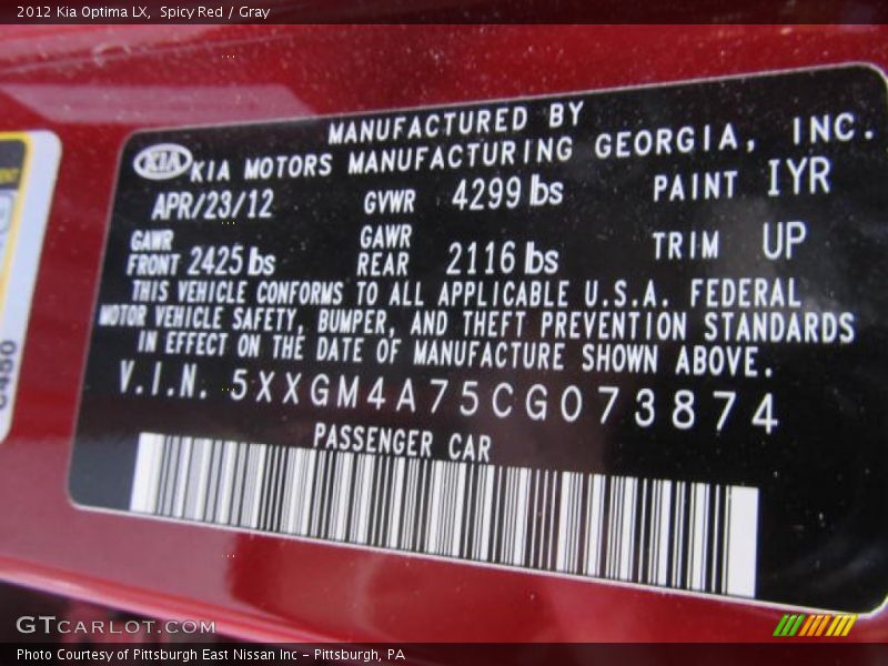Spicy Red / Gray 2012 Kia Optima LX