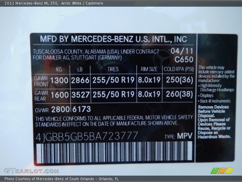 Arctic White / Cashmere 2011 Mercedes-Benz ML 350