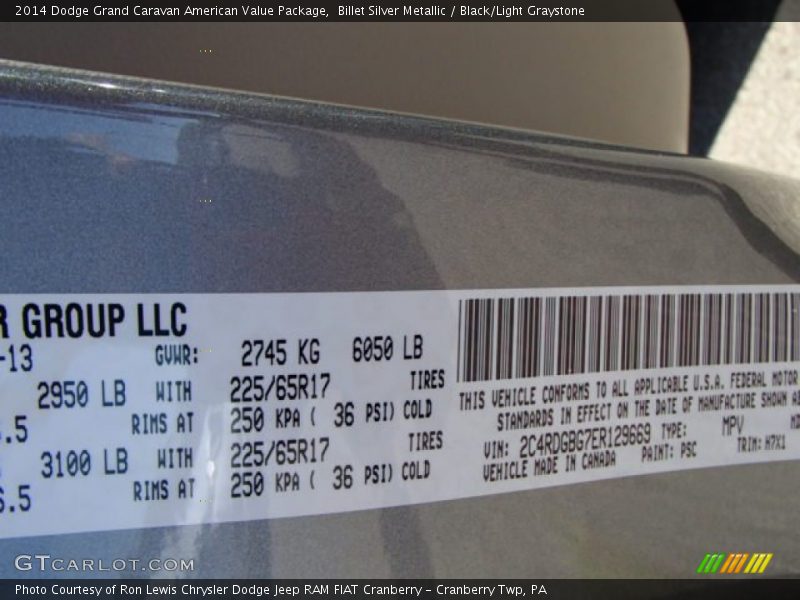 2014 Grand Caravan American Value Package Billet Silver Metallic Color Code PSC