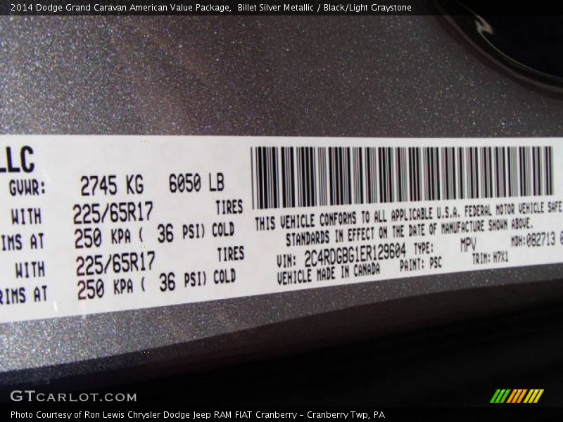 2014 Grand Caravan American Value Package Billet Silver Metallic Color Code PSC