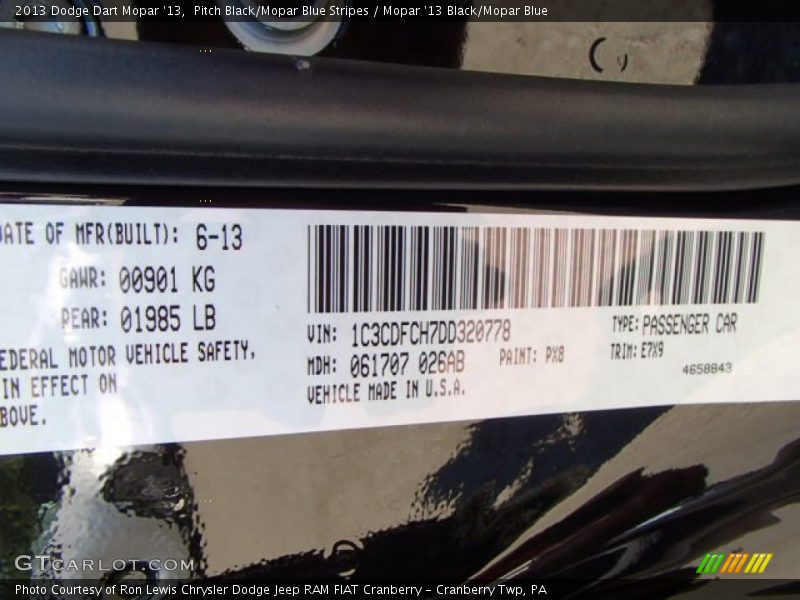 2013 Dart Mopar '13 Pitch Black/Mopar Blue Stripes Color Code PX8