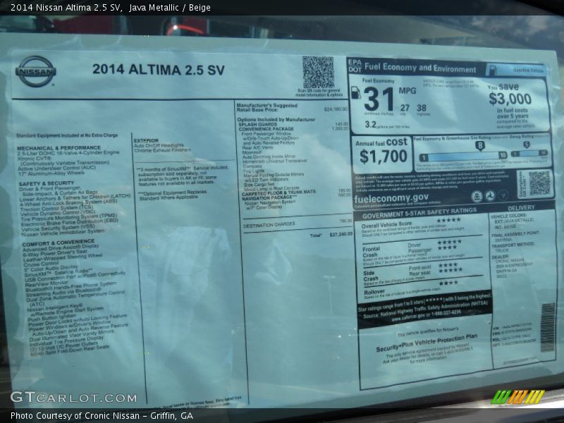  2014 Altima 2.5 SV Window Sticker