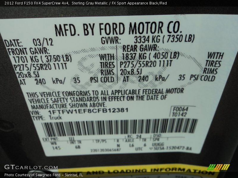 Sterling Gray Metallic / FX Sport Appearance Black/Red 2012 Ford F150 FX4 SuperCrew 4x4