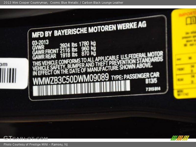 Cosmic Blue Metallic / Carbon Black Lounge Leather 2013 Mini Cooper Countryman