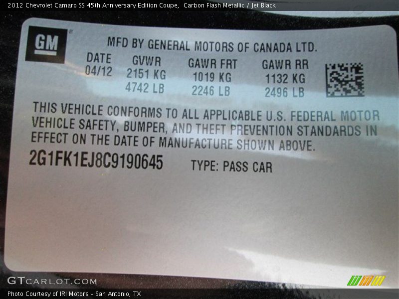 Carbon Flash Metallic / Jet Black 2012 Chevrolet Camaro SS 45th Anniversary Edition Coupe