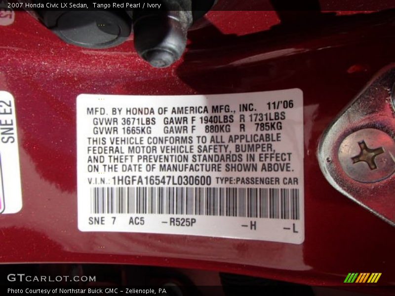 Tango Red Pearl / Ivory 2007 Honda Civic LX Sedan