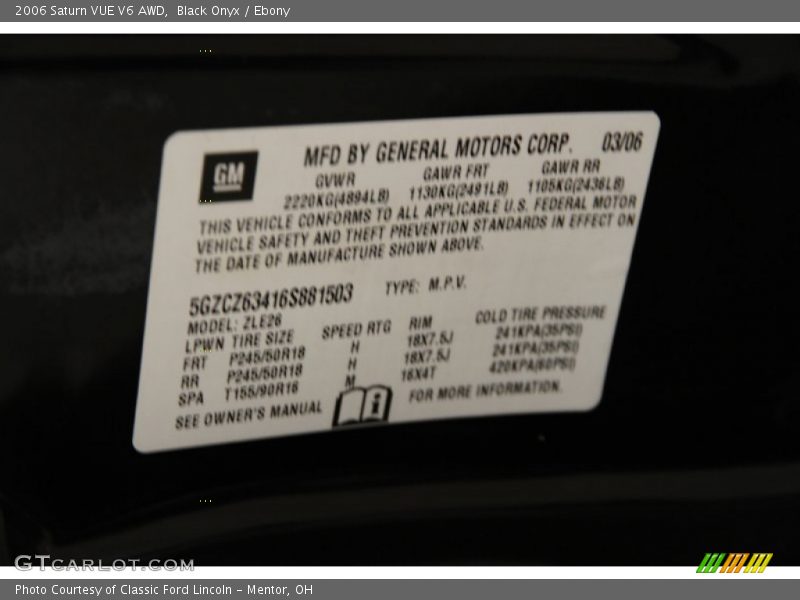 Black Onyx / Ebony 2006 Saturn VUE V6 AWD