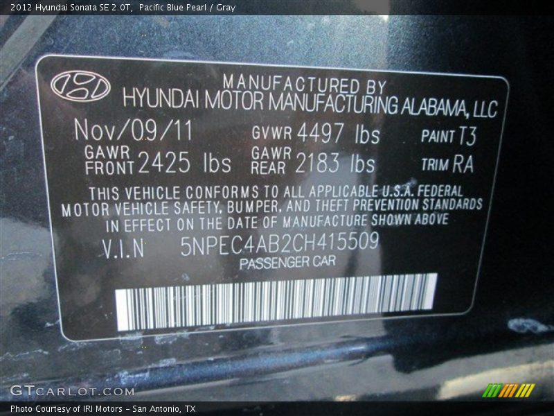 Pacific Blue Pearl / Gray 2012 Hyundai Sonata SE 2.0T