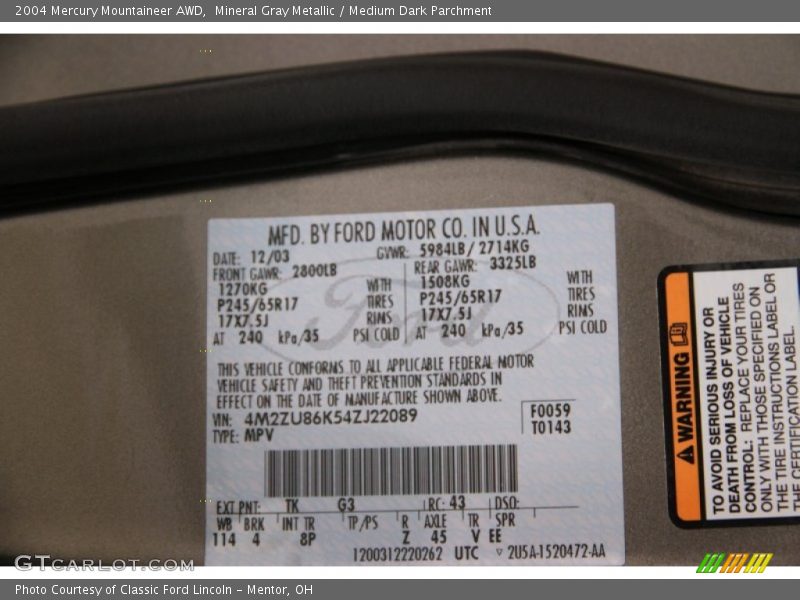 Mineral Gray Metallic / Medium Dark Parchment 2004 Mercury Mountaineer AWD