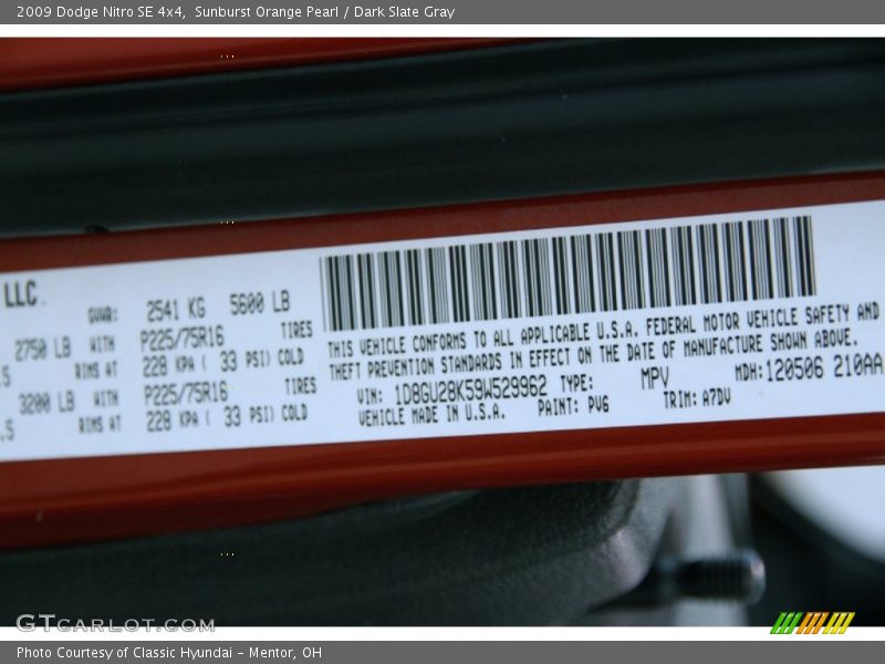 Sunburst Orange Pearl / Dark Slate Gray 2009 Dodge Nitro SE 4x4