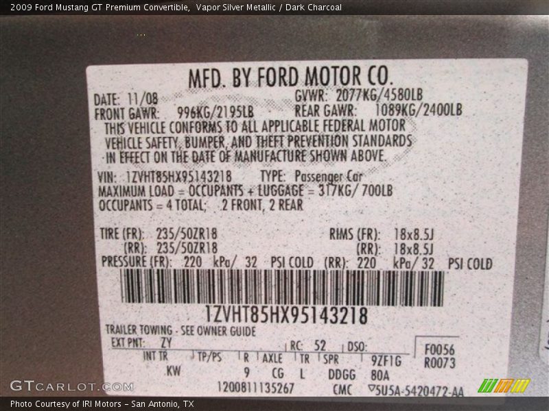 Vapor Silver Metallic / Dark Charcoal 2009 Ford Mustang GT Premium Convertible