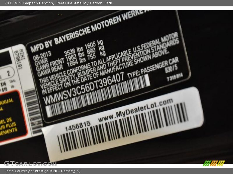 Reef Blue Metallic / Carbon Black 2013 Mini Cooper S Hardtop