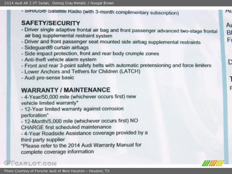  2014 A6 2.0T Sedan Window Sticker