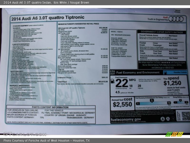  2014 A6 3.0T quattro Sedan Window Sticker