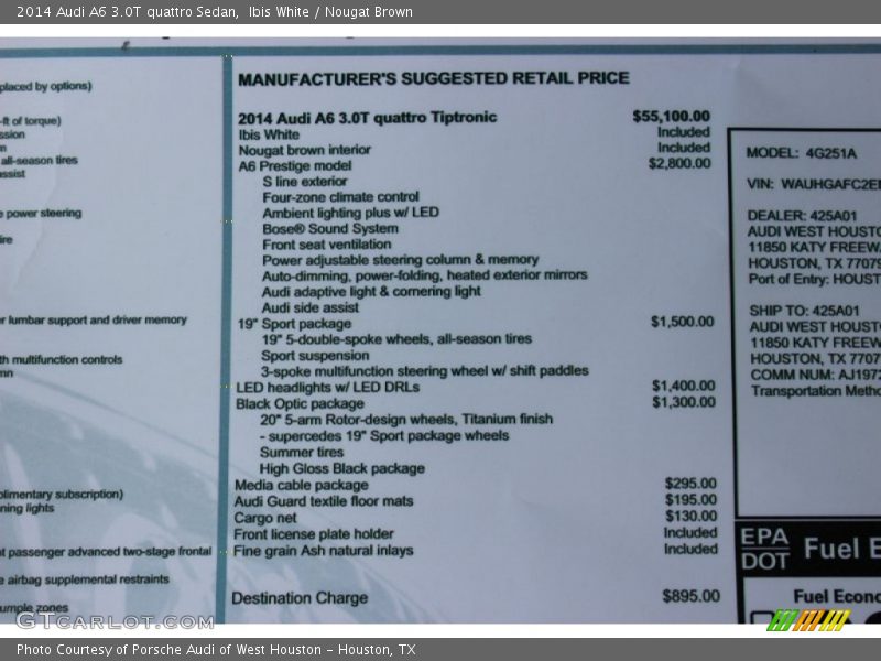  2014 A6 3.0T quattro Sedan Window Sticker