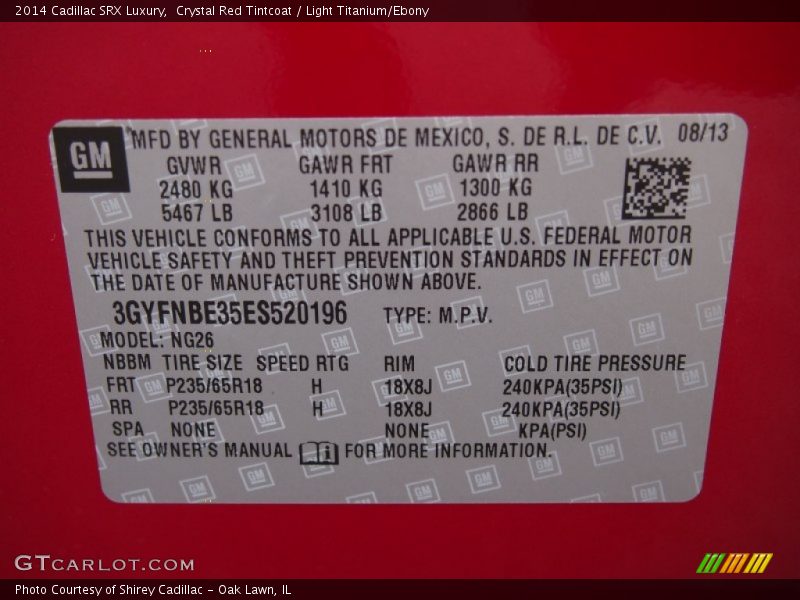 Info Tag of 2014 SRX Luxury