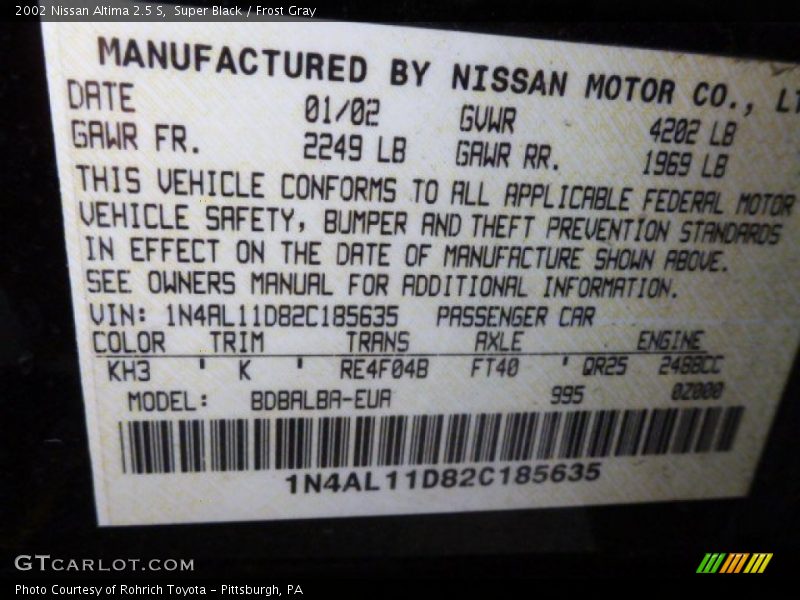 Super Black / Frost Gray 2002 Nissan Altima 2.5 S