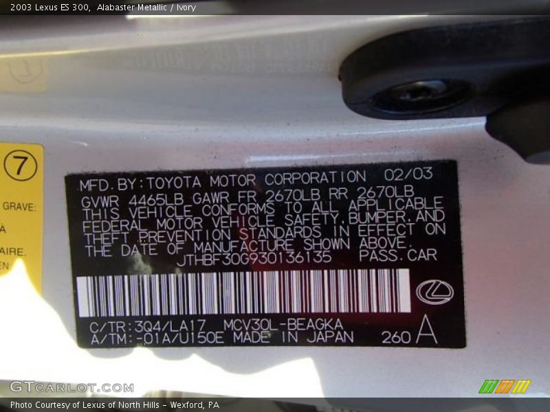 Alabaster Metallic / Ivory 2003 Lexus ES 300