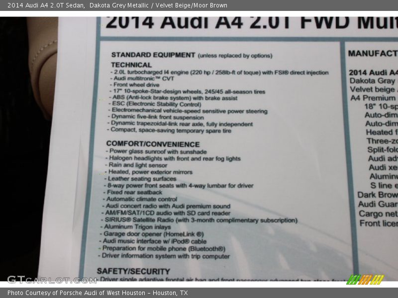 Dakota Grey Metallic / Velvet Beige/Moor Brown 2014 Audi A4 2.0T Sedan