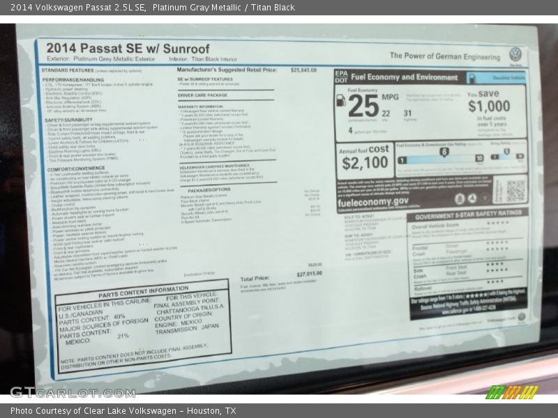 Platinum Gray Metallic / Titan Black 2014 Volkswagen Passat 2.5L SE