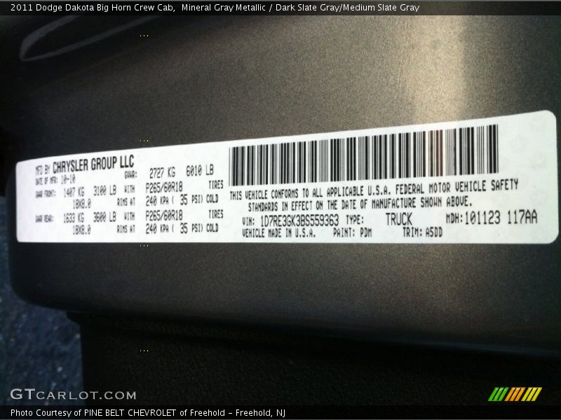 Mineral Gray Metallic / Dark Slate Gray/Medium Slate Gray 2011 Dodge Dakota Big Horn Crew Cab