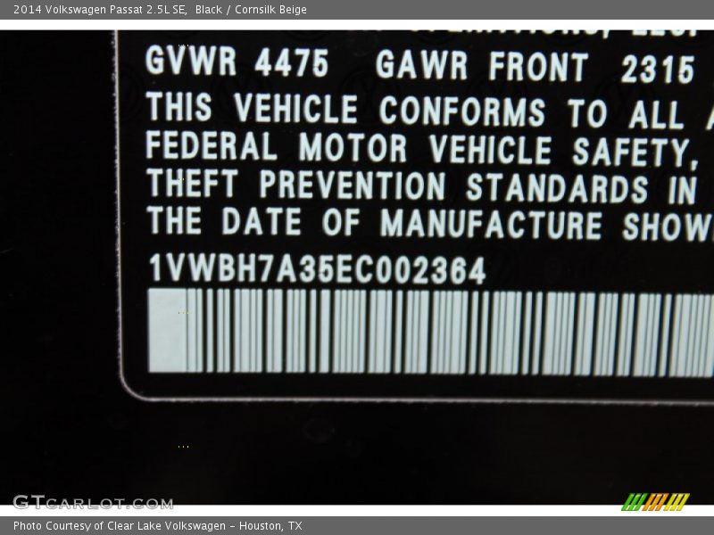 Black / Cornsilk Beige 2014 Volkswagen Passat 2.5L SE