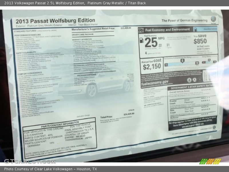 Platinum Gray Metallic / Titan Black 2013 Volkswagen Passat 2.5L Wolfsburg Edition