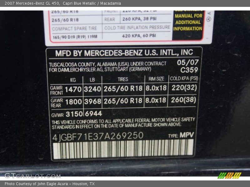 Capri Blue Metallic / Macadamia 2007 Mercedes-Benz GL 450