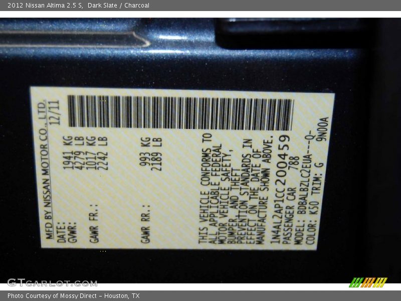 Dark Slate / Charcoal 2012 Nissan Altima 2.5 S