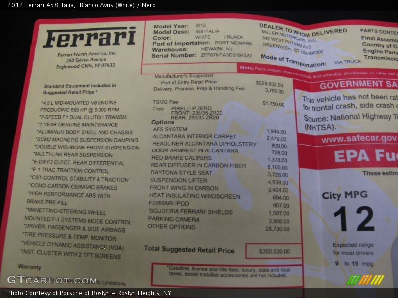 Bianco Avus (White) / Nero 2012 Ferrari 458 Italia