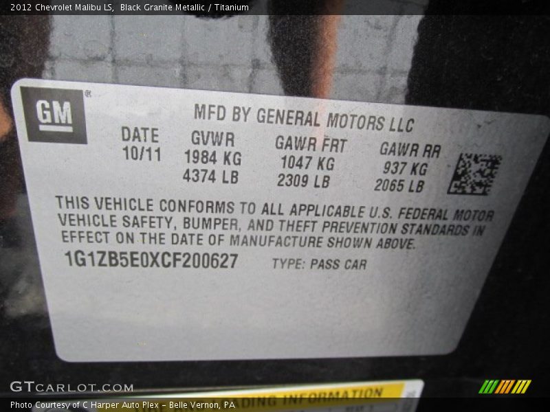 Black Granite Metallic / Titanium 2012 Chevrolet Malibu LS