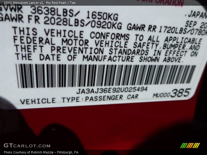 Info Tag of 2002 Lancer LS