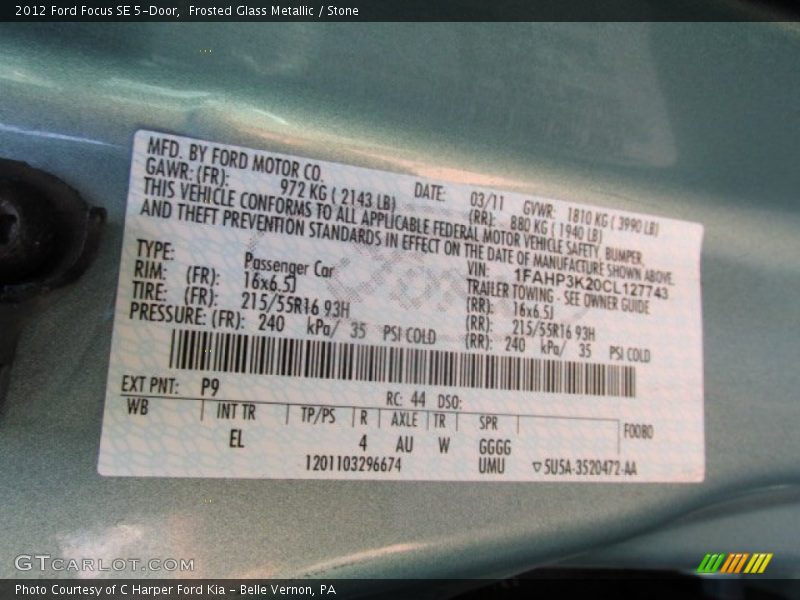 Frosted Glass Metallic / Stone 2012 Ford Focus SE 5-Door