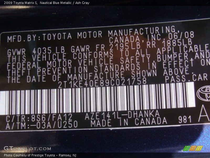 Nautical Blue Metallic / Ash Gray 2009 Toyota Matrix S