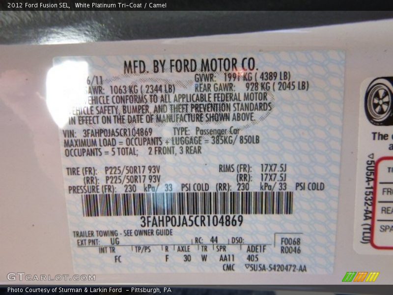 White Platinum Tri-Coat / Camel 2012 Ford Fusion SEL