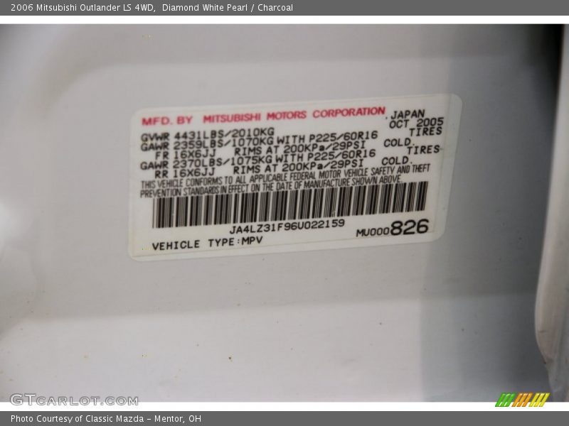 Diamond White Pearl / Charcoal 2006 Mitsubishi Outlander LS 4WD