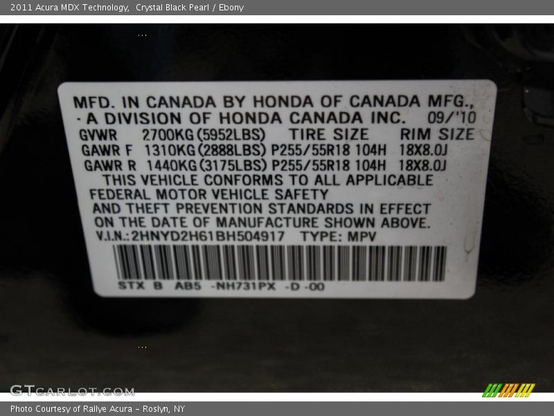 Crystal Black Pearl / Ebony 2011 Acura MDX Technology