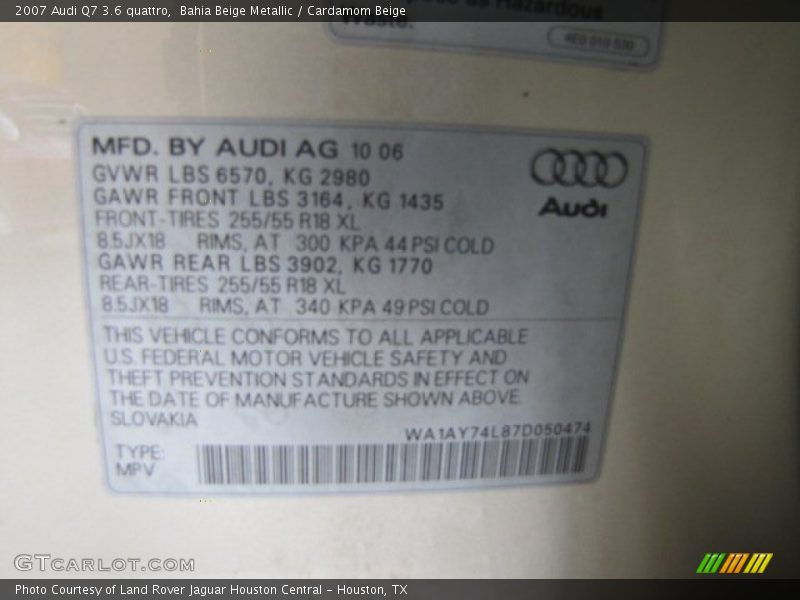 Bahia Beige Metallic / Cardamom Beige 2007 Audi Q7 3.6 quattro