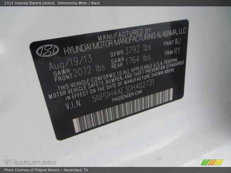 Shimmering White / Black 2013 Hyundai Elantra Limited