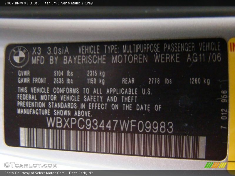 Titanium Silver Metallic / Grey 2007 BMW X3 3.0si