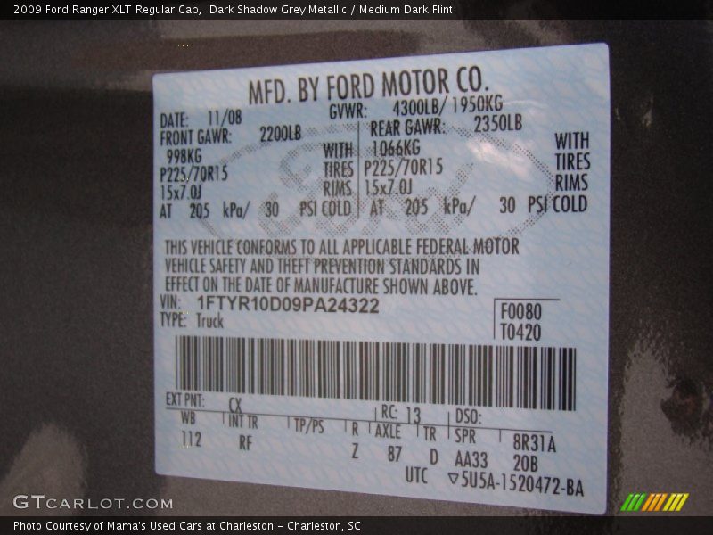 Dark Shadow Grey Metallic / Medium Dark Flint 2009 Ford Ranger XLT Regular Cab
