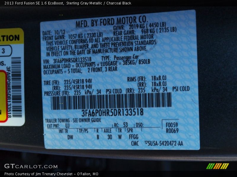 Sterling Gray Metallic / Charcoal Black 2013 Ford Fusion SE 1.6 EcoBoost