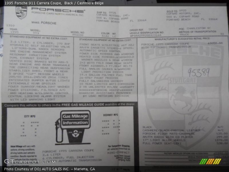  1995 911 Carrera Coupe Window Sticker