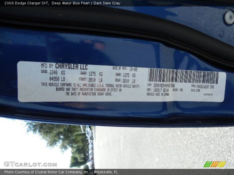 Deep Water Blue Pearl / Dark Slate Gray 2009 Dodge Charger SXT