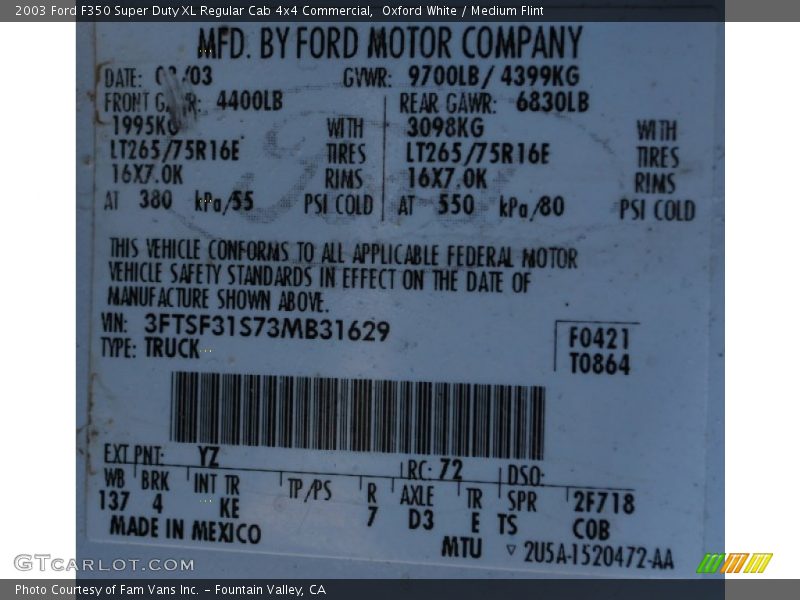 2003 F350 Super Duty XL Regular Cab 4x4 Commercial Oxford White Color Code YZ