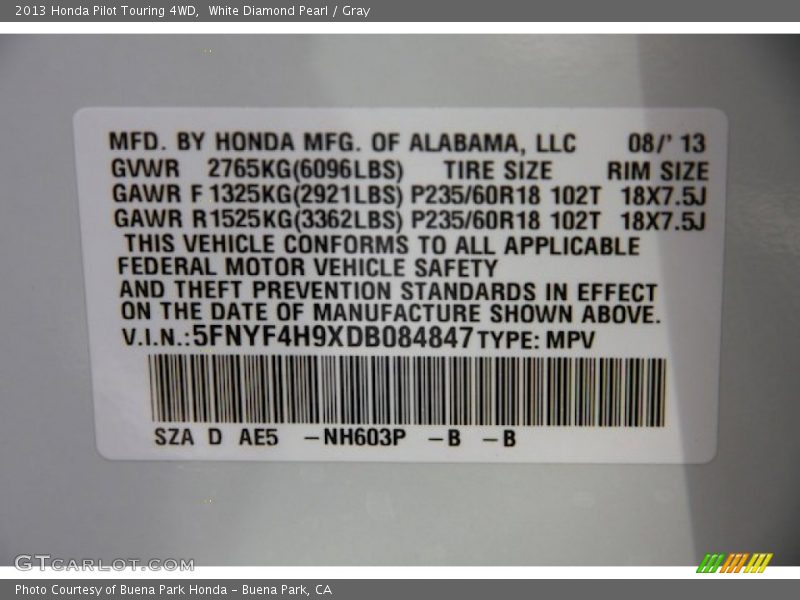 White Diamond Pearl / Gray 2013 Honda Pilot Touring 4WD